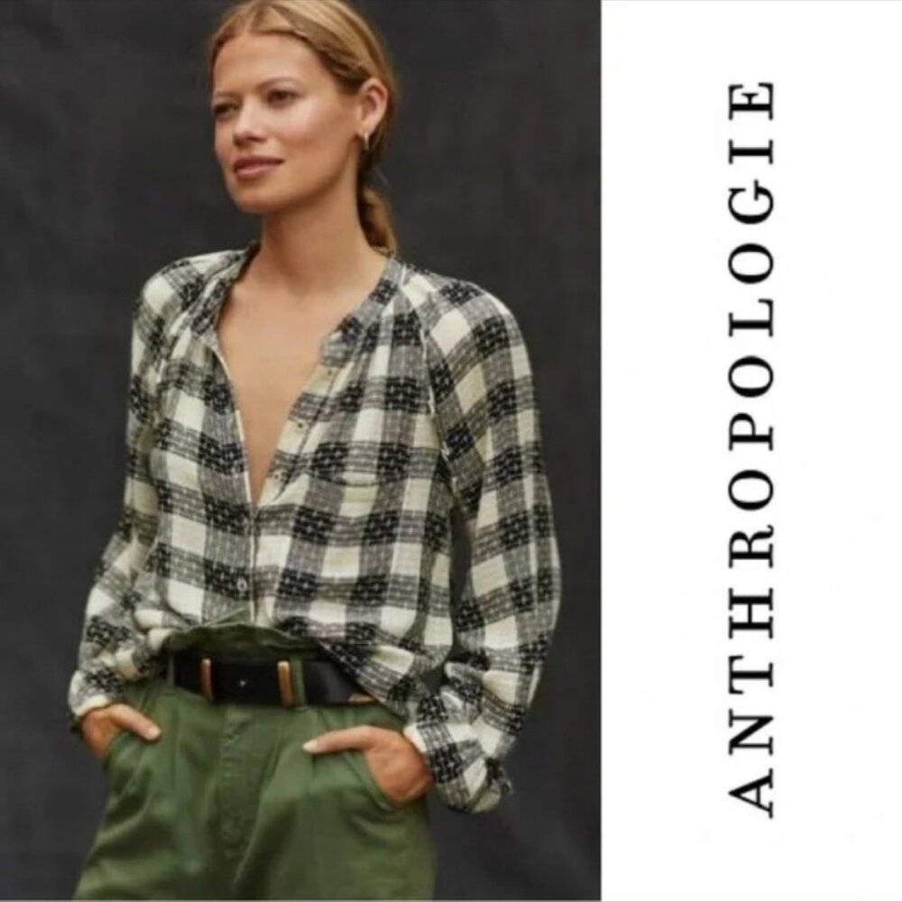 Anthropologie Pilcro Breezy Button Down Plaid Hand Stitch
